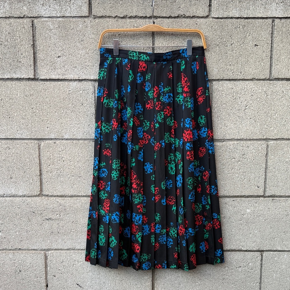 Pleated Black Floral Midi Skirt in Red, Green & Blue